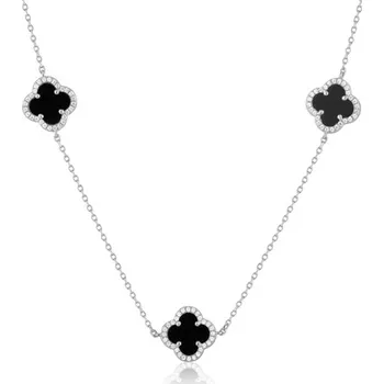 Náhrdelník Luxusní stříbrný náhrdelník se čtyřlístky a onyxy SVLN0929SK6BL45 + dárek zdarma