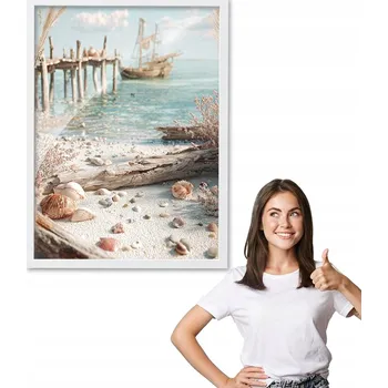 Obraz Obraz s rámem vzor MUŠLE A VLNY bílý rámeček 50x70 do kuchyně