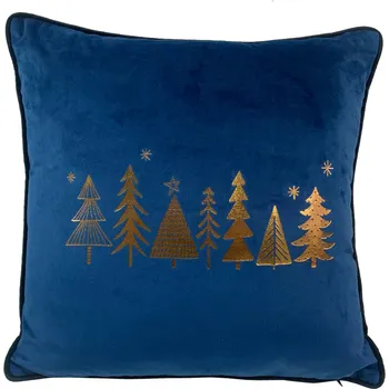 Polštář POLŠTÁŘ VELUROVÝ ČTVERCOVÝ TMAVĚ MODRÝ SE ZLATÝMI STROMEČKY