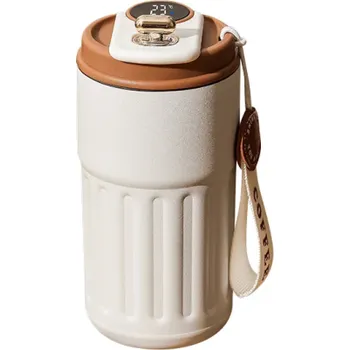 Termohrnek 450 ml s digitálním displejem teploty Nápojová termoska z 316 nerezové oceli 6 x 18 cm Cestovní hrnek s otvorem na pití hnědá