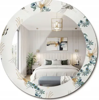 Zrcadlo Stylové kulaté zrcadlo na zeď s potiskem na skle, motiv Čínští ptáci, průměr 60 cm