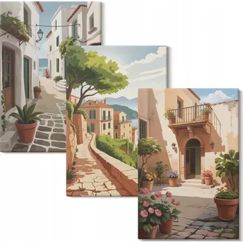 Obraz Sada obrazů na plátně Galerie uliček domy rostliny květináče 3x 20x30 cm
