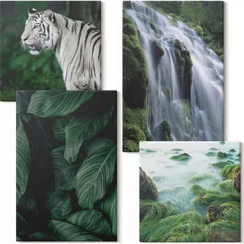 Obraz Sada obrazů do ložnice – Tygr, bílý vodopád a listy, 4 kusy