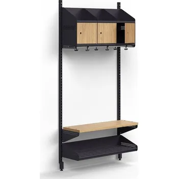 Věšák Šatní stěna ENTRY, nástěnná, lavice, 3 dřevěná dvířka, 1800x900x300 mm, antracitová/dub