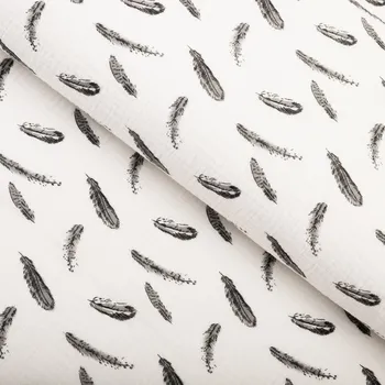 Mušelín dvojitá gázovina MSN-074 Černošedá peříčka na krémově bílém - metráž šířka 140 cm