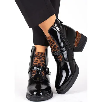 Dámská obuv Dámské černé lakované kotníkové boty s leopardím vzorem Epica Velikost: 38