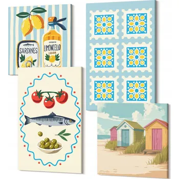Obraz Sada 4 Obrazů na Plátně do Jídelny - Ilustrace Středomořské Kuchyně