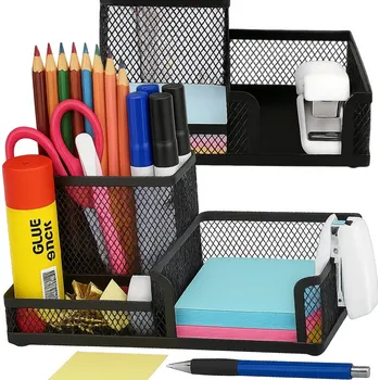 Organizér, zásobník na psací potřeby, 3 přihrádky, kovový, síťovaný, černý, kancelářský