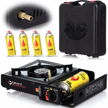 Turistický vařič Turistický plynový vařič s grilem na kartuše a láhve. piezo + 4 plynové kartuše ALPEN