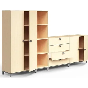 Policová skříň Sestava skříní QBUS, policová skříň, 4 otevřené police, 4 zásuvky, skříňka, nohy, úchytky, 1636x2800