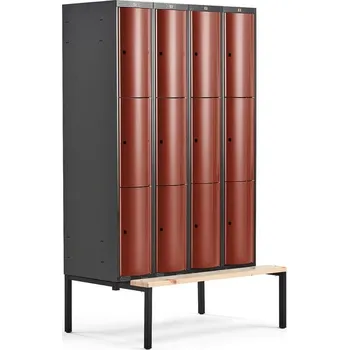Šatní skříň Boxová šatní skříň CURVE, 4 sekce, 12 boxů, 2120x1200x550 mm, lavice, červené dveře