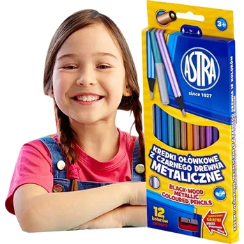 Pastelka Pastelky Tužkové kulaté, metalické, z černého dřeva, 12 barev Astra