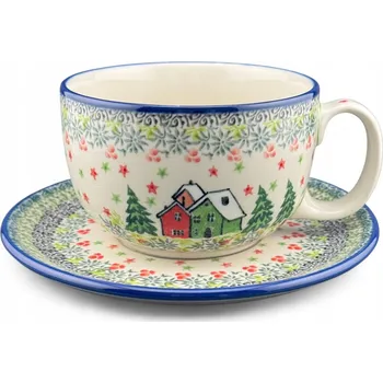 Velký Šálek s podšálkem 350 ml UNIKÁT Domki U5037 Keramika Bolesławiec