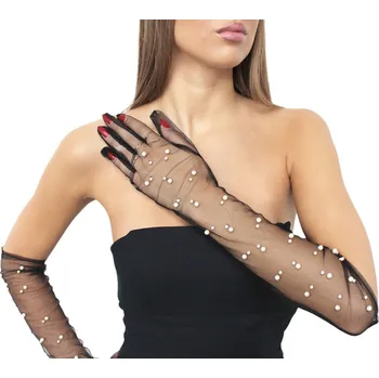 Rukavice Dlouhé společenské rukavice tylové s perlami - černá