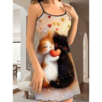 Dámské noční prádlo Krátká noční košilka na ramínka s kočičkami Barva: Vícebarevná, Velikostní tabulka: M