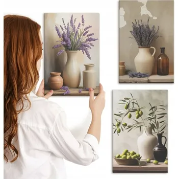 Obraz Sada obrazů pro dekoraci Květiny ve vázách olivy dekorace 3x 20x30 cm