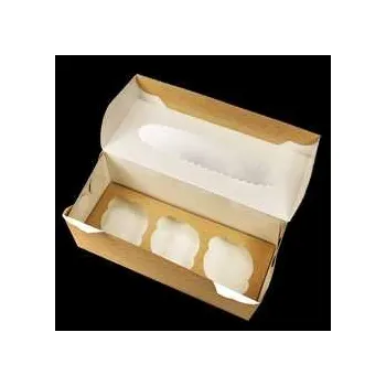 Jednorázové nádobí Papírová krabička EKO na muffiny 250x100x100 mm hnědá s okénkem [25 ks],rychlé dodání