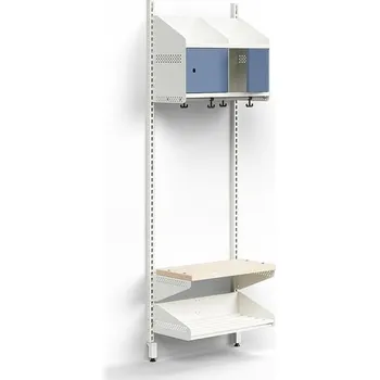 Věšák Šatní stěna ENTRY, nástěnná, lavice, 2 kovová dvířka, 1800x600x300 mm, bílá/modrá