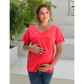 Těhotenské a kojicí tričko Mia – korálové, bavlna, dvoucestný zip, krátký rukáv Velikost: M