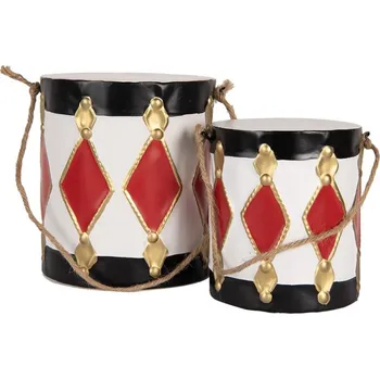 Vánoce 2ks bílo-červená vánoční kovová dekorace buben - Ø 15*38 / Ø 13*29 cm
