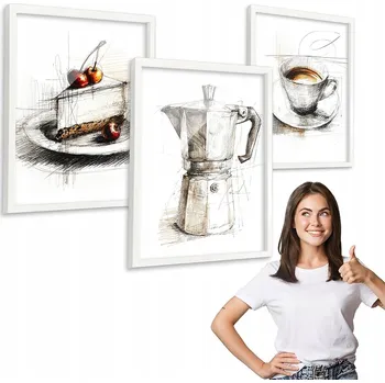 Obraz Sada 3 obrazů motiv MALOVANÁ KÁVA s bílým rámem 40x50 triptych do kuchyně