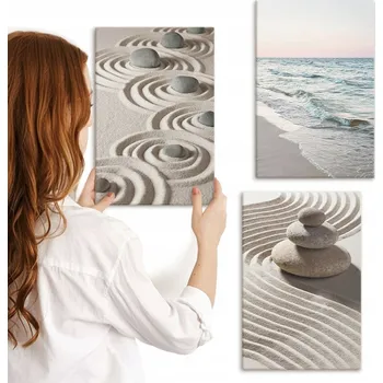 Obraz Sada obrazů na plátně, komplet Vlny písku, voda, kameny, pláž 3x 20x30 cm