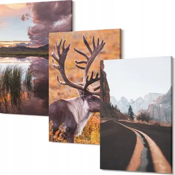 Obraz Triptych na plátně do obývacího pokoje – horská krajina s jelenem, 30x20 cm
