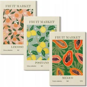 Obraz Vícedílný Obraz Na Plátně Ovoce citrusy tropy retro 3x 40x60 cm