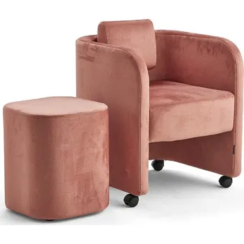 Křeslo Nábytková sestava COMFY, křeslo a taburet, s kolečky, samet, lososově růžová
