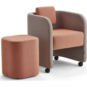 Křeslo Nábytková sestava COMFY, křeslo a taburet, s kolečky, vlněný potah, stříbrnošedá/lososově růžová