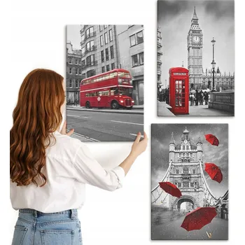 Obraz Sada nástěnných dekorací - obrazy s červenými prvky Londýn 3x 40x60 cm