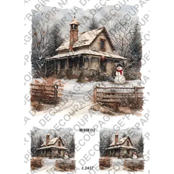 Umělecký papír Rýžový a soft papír na decoupage - Zimní stavení, sněhulák - KB2437 Materiál: Soft, Rozměr: A4