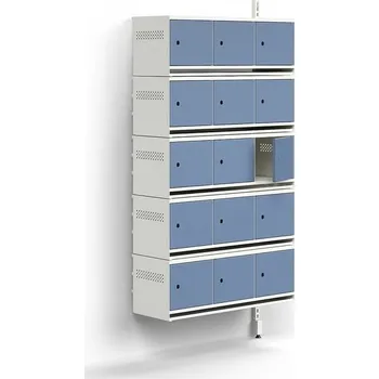 Věšák Skříň na boty ENTRY, nástěnná, přídavná sekce, 15 kovových dvířek, 1800x900x300 mm, bílá/modrá