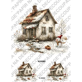 Umělecký papír Rýžový a soft papír na decoupage - Zimní stavení, sněhulák - KB2442 Materiál: Soft, Rozměr: A4