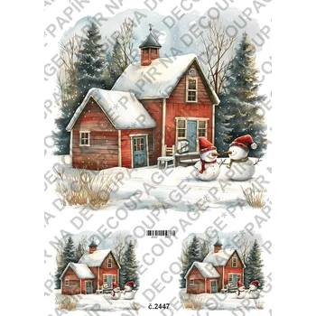 Umělecký papír Rýžový a soft papír na decoupage - Zimní stavení, sněhulák - KB2447 Materiál: Soft, Rozměr: A4