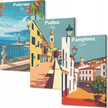 Obraz Dekorativní Sada Obrazů na Plátně Set Města retro ilustrace 30x20 cm