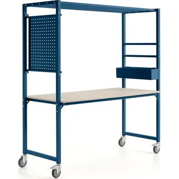 Dílenský stůl Mobilní multifunkční stůl TEAMWORK, box na příslušenství, perforovaný panel, modrá/jasan