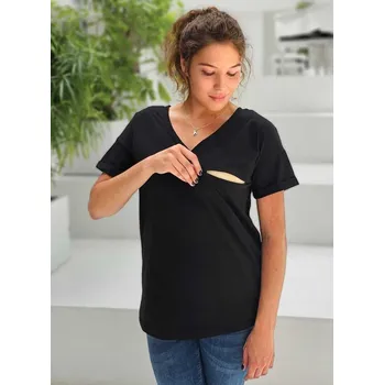Těhotenské a kojicí tričko Mia – černé, bavlna, dvoucestný zip, krátký rukáv Velikost: S