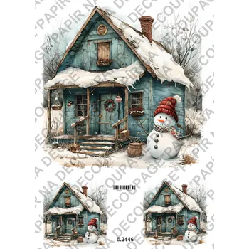 Umělecký papír Rýžový a soft papír na decoupage - Zimní stavení, sněhulák - KB2446 Materiál: Soft, Rozměr: A4