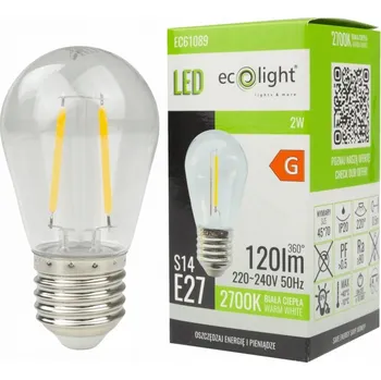 Žárovka ŽÁROVKA FILAMENTOVÁ PLASTOVÁ S14 E27 2W 2700K 120LM TEPLÁ BARVA ECOLIGHT