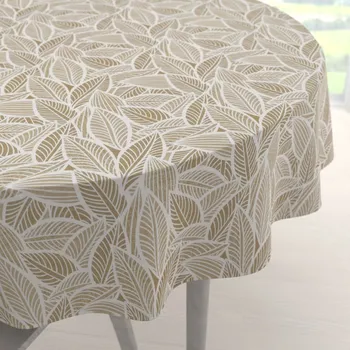 ubrus Dekorační kulatý ubrus Leona LN-168 Bílé listy na světle hnědém Ø 100 cm