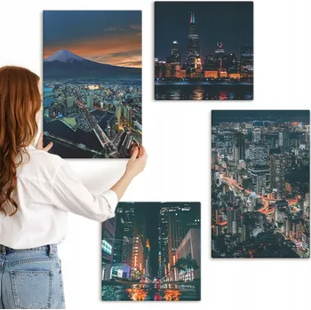 Obraz Vícedílný Obraz Na Plátně Sada horská krajina s nočním výhledem na město, 4 díly