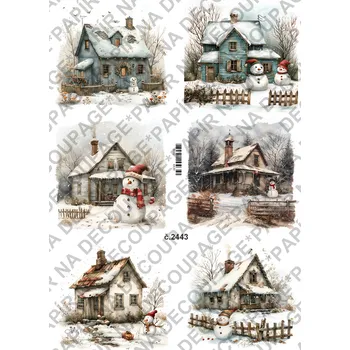 Umělecký papír Rýžový a soft papír na decoupage - Zimní stavení, sněhulák - KB2443 Materiál: Rýžový papír, Rozměr: A4