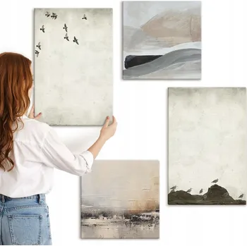 Obraz Sada obrazů na plátně, 4 kusy - Ptáci, skály, tahy štětcem, dekorace