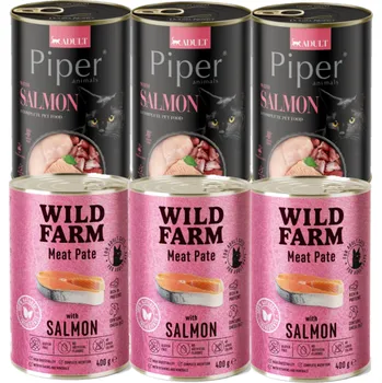 Krmivo pro kočku DOLINA NOTECI Piper s lososem 3x400g + WILD FARM Paštika z lososa 3x400g - bezlepkové krmivo pro kočky