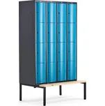 Boxová šatní skříň CURVE, 4 sekce, 16 boxů, 2120x1200x550 mm, lavice, modré dveře