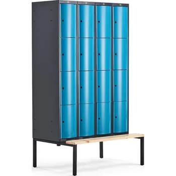 Šatní skříň Boxová šatní skříň CURVE, 4 sekce, 16 boxů, 2120x1200x550 mm, lavice, modré dveře