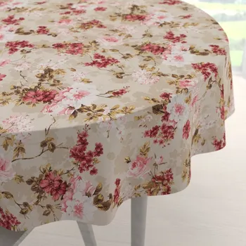 ubrus Velký dekorační kulatý ubrus Leona LN-167 Plané růže na béžovém Ø 220 cm