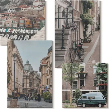 Obraz Sada uměleckých pláten Obraz Na Plátně Městské scenérie budov 4 kusy