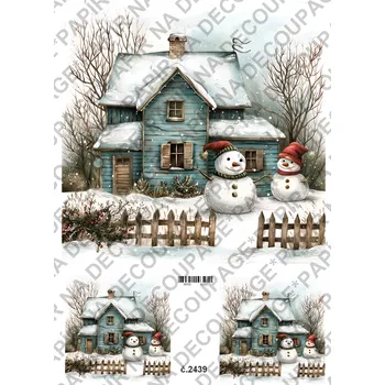 Umělecký papír Rýžový a soft papír na decoupage - Zimní stavení, sněhulák - KB2439 Materiál: Soft, Rozměr: A4